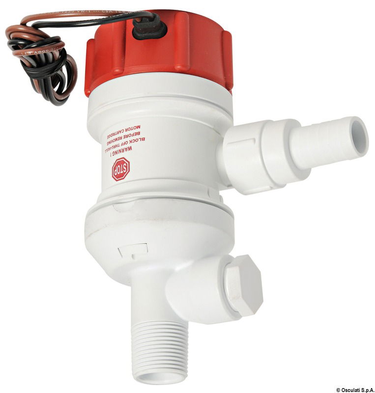 Serve come pompa ricircolo acqua nelle vasche del pescato e delle esche e come attacco per le pompe lavaggio coperta abitualmente installate sulle barche dei pescatori. Un solo foro in carena per collegare 2 pompe.