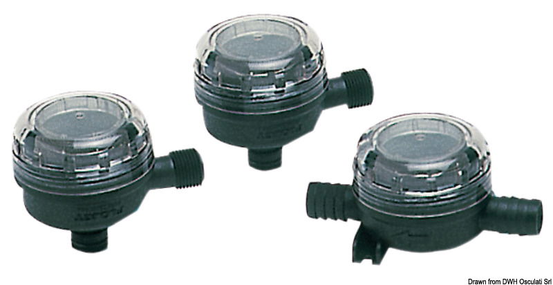 Versione A: con raccordi a squadra e innesto a scatto direttamente sull’ingresso pompa FLOJET. Rete da 40 mesh indicata per acque chiare e usi generici.Versione B: con raccordi in linea e supporto per eventuale fissaggio. Universale per qualsiasi pompa o autoclave.