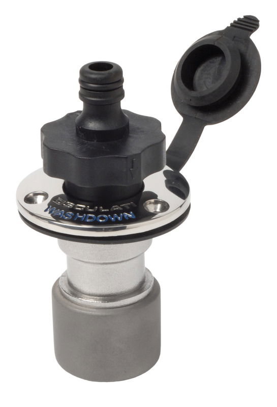 Il dispositivo si collega sotto coperta alle pompe Washdown o simili. Esso mantiene in pressione la pompa. Quando si innesta il raccordo a baionetta, collegato al tubo per il lavaggio, il dispositivo si apre automaticamente e fà partire la pompa. Tutto in acciaio inox. I terminali terminano con l'innesto rapido tipo giardinaggio (36.189.02).