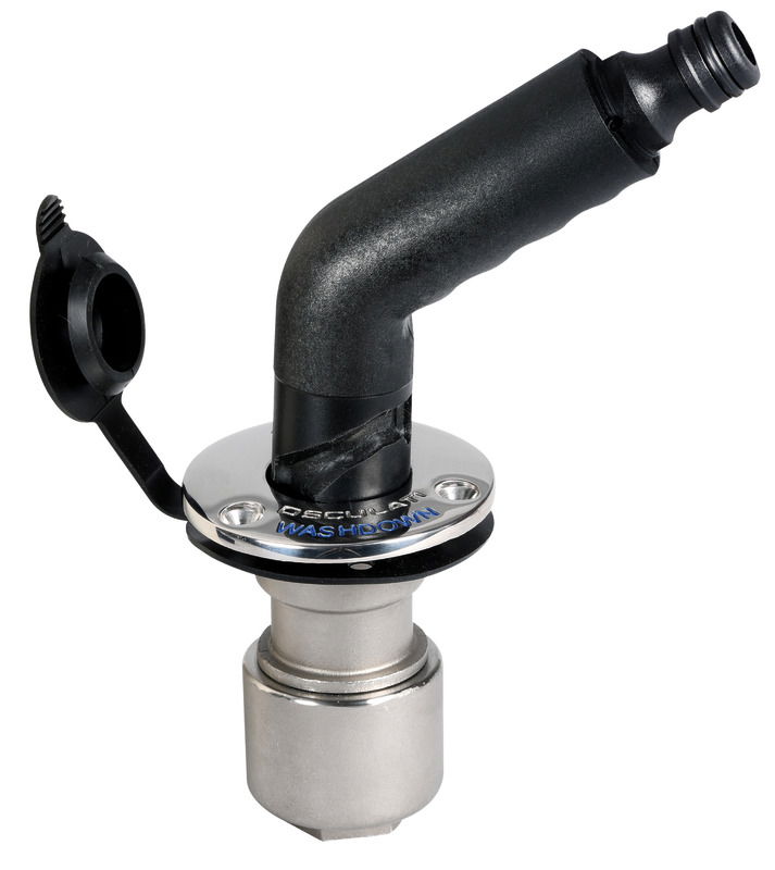 Il dispositivo si collega sotto coperta alle pompe Washdown o simili. Esso mantiene in pressione la pompa. Quando si innesta il raccordo a baionetta, collegato al tubo per il lavaggio, il dispositivo si apre automaticamente e fà partire la pompa. Tutto in acciaio inox. I terminali terminano con l'innesto rapido tipo giardinaggio (36.189.02).