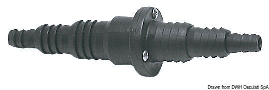 In polipropilene con flapper interno in gomma. Portagomma. Si può usare per svariati usi affinchè l’acqua vada in una sola direzione.