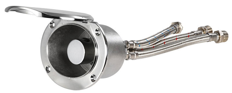 Vano doccia in acciaio inox AISI 316 e sportello autoreggente. Dotato di miscelatore a pomello cilindrico.