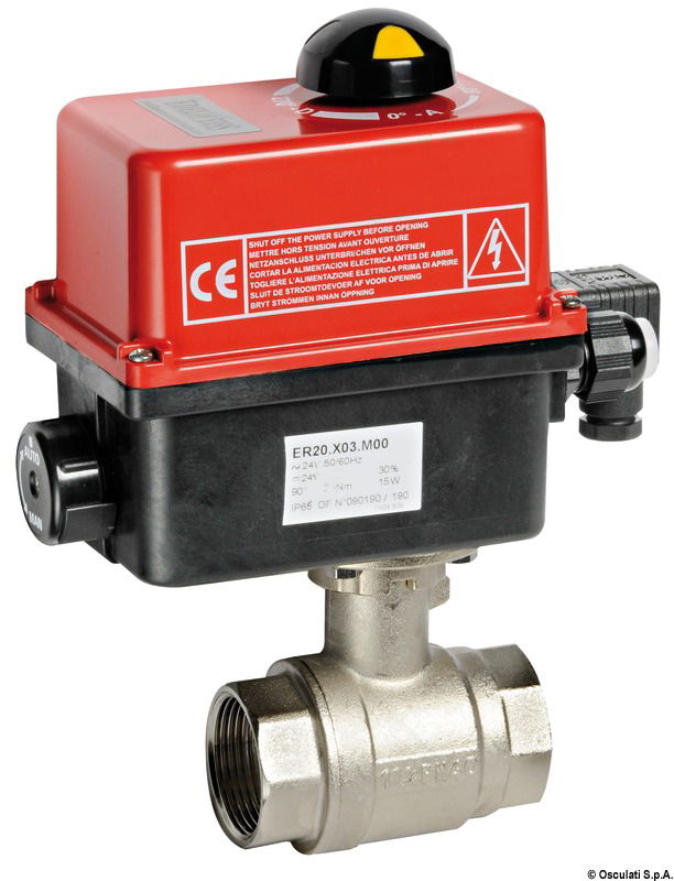 Fabbricate in ottone nichelato, passaggio totale con servomotore elettrico reversibile. Tempo di rotazione 14 secondi. Comando manuale di emergenza conformi ISO228. Complete di pannello di controllo ON-OFF a distanza e fusibile di sicurezza, comanda fino a 10 valvole contemporaneamente.