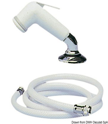 In ABS bianco complete di curvetta in ottone cromato a 45°, supporto ad incastro in ottone cromato + nylon e tubo bianco con rinforzi in poliestere. Premendo il pulsante a molla l’acqua scende, sollevandolo si ottiene un getto continuo senza più dover tenere premuto lo stesso. Molto indicato su piccole barche, o per lavelli esterni.