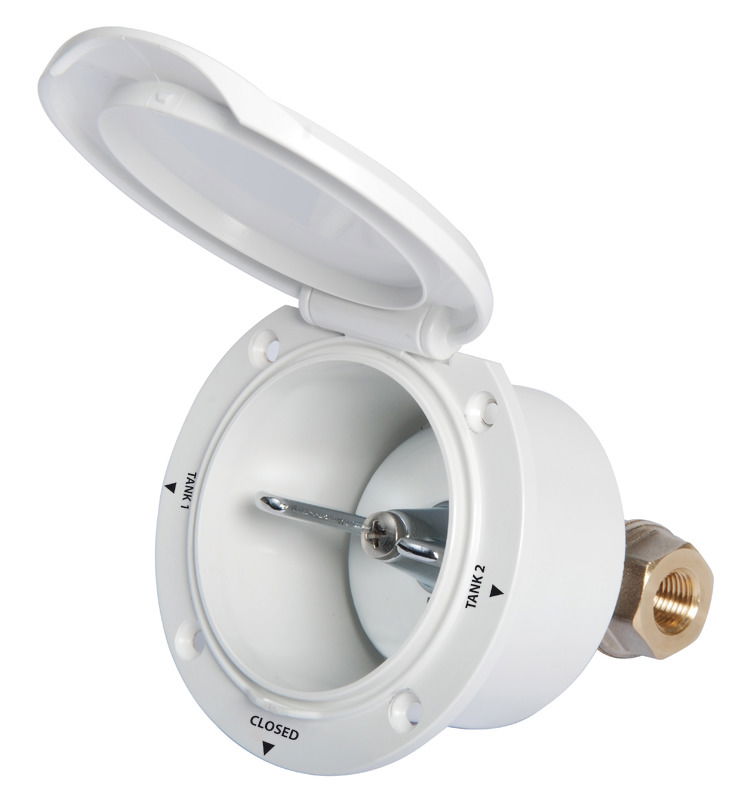 Rubinetto a 3 vie per collegare due serbatoi ad un motore. Tre posizioni tank 1 / tank 2 / chiuso.Con chiusura evoluta.