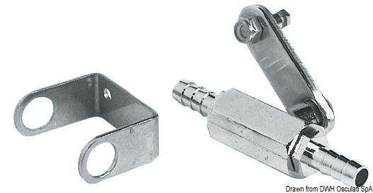 Movimento a sfera, regolamentare RINA. Braccetto per comando a distanza. Completo di supporto a parete e due portagomma da 1/4”x10 mm, con il supporto si monta lungo la tubazione, senza il supporto si monta direttamente sul serbatoio.