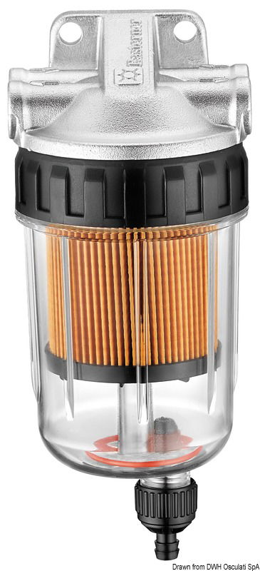 Fabbricato in alluminio anodizzato, con vaschetta trasparente smontabile per la sostituzione della cartuccia filtrante o sua pulizia.