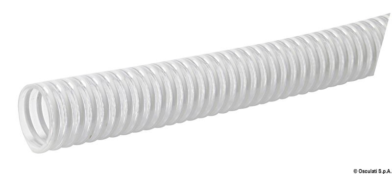 In PVC trasparente con spirale in PVC bianco molto morbido, accetta curve ridotte senza schiacciarsi. Tubo alimentare a norma CE. Temperatura di impiego -10°C +60°C.