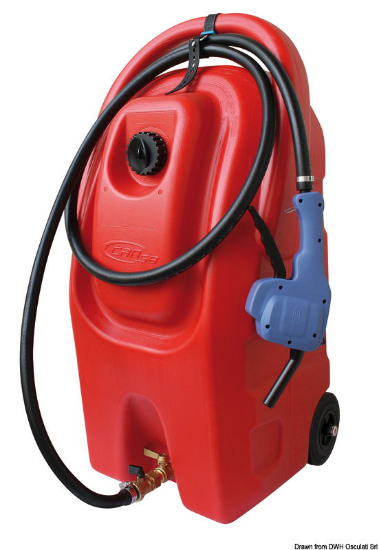 Dotato di robuste ruote pneumatiche (diametro 140 mm) e manico ergonomico, adatto agli spostamenti su qualsiasi superficie. Omologato UN (trasportabile in auto). È dotato di valvole di blocco, sia lato serbatoio che lato pistola (per evitare perdite dal tubo). La pistola consente un riempimento pulito e sicuro, di circa 8 lt/min di portata in modalità sifone.Attrezzato con:- Corpo serbatoio in PEHD- Pistola di erogazione- 3 m di tubo per benzina.