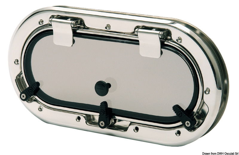 In acciaio inox AISI 316 lucidato a specchio, con le seguenti caratteristiche tecniche: viti esterne invisibili; angolo accentuato di drenaggio acque; completi di controflangia e zanzariera; galletti di fermo regolabili e non sporgenti; parte trasparente in acrilico fumè; approvati CE area 1 categoria 1; particolare sistema di fissaggio: l'oblò si accoppia con la controflangia in una sola operazione rapidissima, che significa risparmio di manodopera per il cantiere.