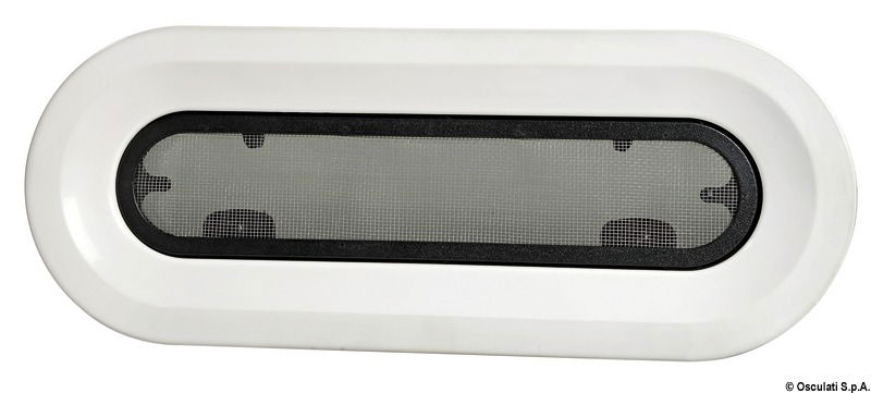 Carcassa in nylon con ghiera esterna di finitura e zanzariera. Fermi regolabili. Vetro acrilico fumè.Fissaggio con viti invisibili. Spessore murata 6-35 mm.Omologato CE.