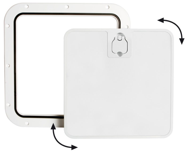 Superficie molto robusta e antisdrucciolo. Chiusura del coperchio Splash-Proof con guarnizione in neoprene. Montaggio a filo. Si possono usare come portelli per gavoni, vasche da pesca, oppure come portelli di ripostigli e paratie frontale a baionetta che si estrae per facilitare l'accesso. Ideale per installazioni in console con panca guida vicina.