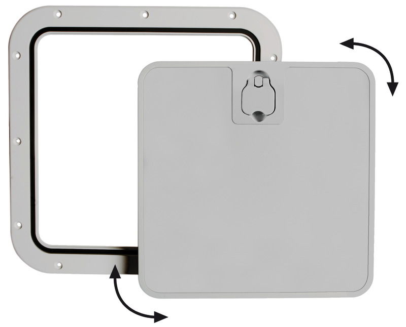 Superficie molto robusta e antisdrucciolo. Chiusura del coperchio Splash-Proof con guarnizione in neoprene. Montaggio a filo. Si possono usare come portelli per gavoni, vasche da pesca, oppure come portelli di ripostigli e paratie frontale a baionetta che si estrae per facilitare l'accesso. Ideale per installazioni in console con panca guida vicina.