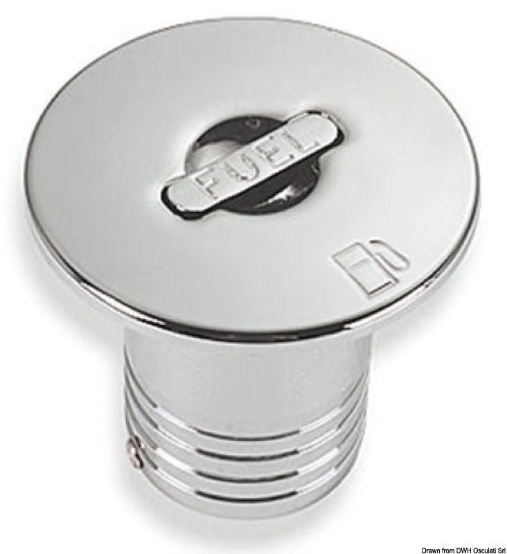 Speciale sistema di apertura che evita l’uso di chiavi, monete od altro. Progettati in modo che il tappo mascheri completamente la flangia avvitata, migliorando la tenuta dell’acqua. Versione con canotto di raccordo dritto o inclinato a 30° (da utilizzare quando il piano di rifornimento é inclinato, conforme ISO 8099/1). Completi di catenella interna, Ø massimo 88 mm. Sono tutti regolamentari RINA.