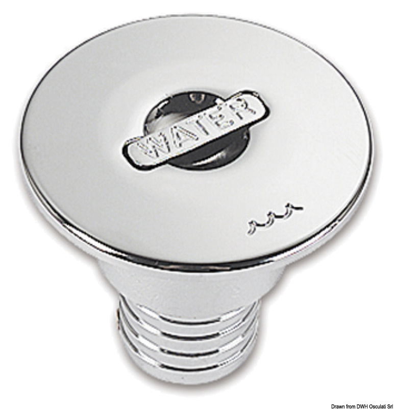 Speciale sistema di apertura che evita l’uso di chiavi, monete od altro. Progettati in modo che il tappo mascheri completamente la flangia avvitata, migliorando la tenuta dell’acqua. Versione con canotto di raccordo dritto o inclinato a 30° (da utilizzare quando il piano di rifornimento é inclinato, conforme ISO 8099/1). Completi di catenella interna, Ø massimo 88 mm. Sono tutti regolamentari RINA.