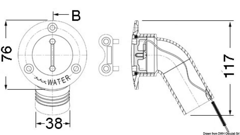 In acciaio inox AISI 316 lucidato a specchio, con gomito a 30°. Apertura tappo con chiave universale tipo 20.169.90.