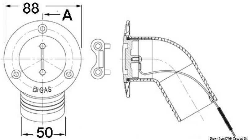 In acciaio inox AISI 316 lucidato a specchio, con gomito a 30°. Apertura tappo con chiave universale tipo 20.169.90.