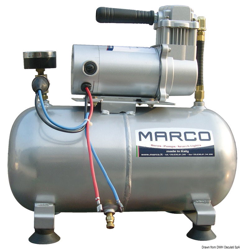 Omologata RINA LLoyd's, Bureau Veritas. Funziona con aria compressa di bordo oppure con compressore dedicato