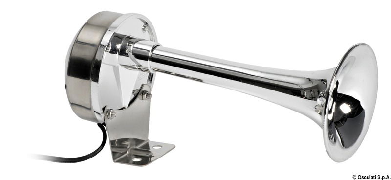 Corpo in acciaio inox lucidato a specchio e corno in ABS cromato. Suono singolo o bitonale.