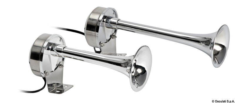 Corpo in acciaio inox lucidato a specchio e corno in ABS cromato. Suono singolo o bitonale.