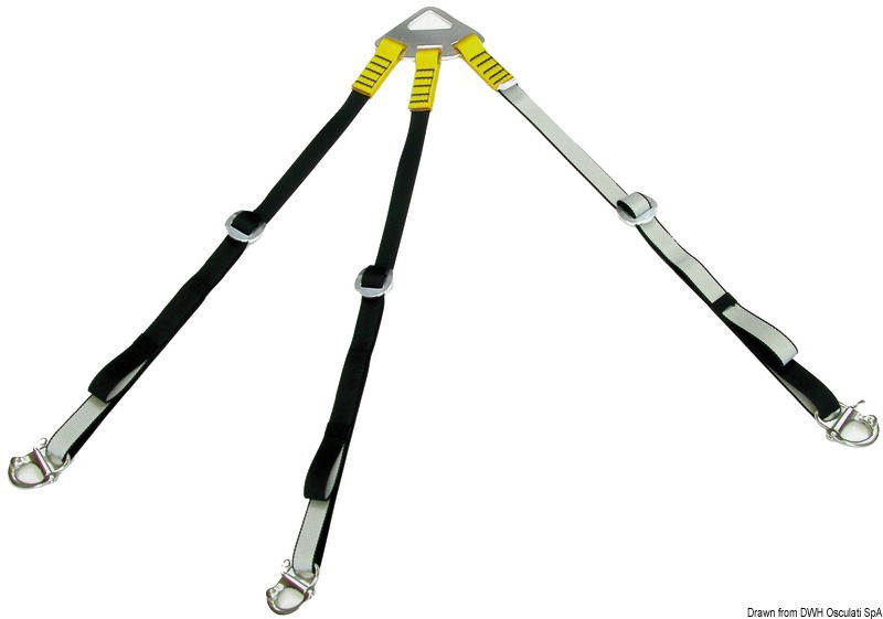 Di alta qualità, resistente UV per sollevamento tender di qualsiasi tipo. Piastra di sospendita e fibbie di regolazione in alluminio alta resistenza anodizzato. Moschettoni aggancio in acciaio inox AISI 316 ad apertura rapida. Carico max KG 400. Universali per qualsiasi gommone, in quanto regolabili. Articolo brevettato e certificato CE.
