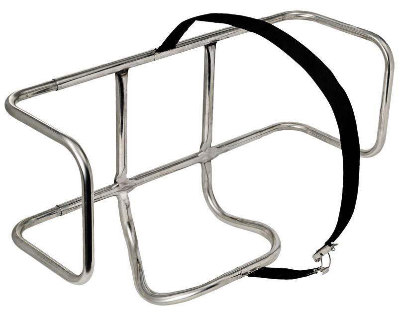 Universale per tutte le zattere da diporto da 4 a 12 posti. Fissaggio tramite appositi morsetti in acciaio inox microfuso (set completo di 4 pezzi). Bloccaggio della zattera con robusta cinghia in acciaio inox rivestita in nylon + gancio a camma provvisto di portalucchetto. Varo rapido aprendo il gancio a camma. Struttura tutta in acciaio inox AISI 316 lucidato a specchio.