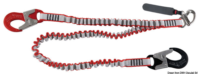 Con moschettone inox sgancio rapido e moschettoni terminali alluminio / inox antiappiglio e con apertura rapida.La particolarità di questa tether è la differenziazzione del colore dei moschettoni rosso per il braccio da 1 m e nero per il braccio da 2 m.La differenza dei colori sulla longe permette a colpo d'occhio di capire la lunghezza del braccio.