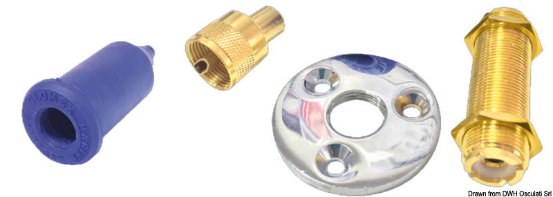 Per cavo coassiale in acciaio inox completo di cappuccio PVC esterno di protezione, connettore dorato PL-259, due dati placcati oro e flangia cromata.
