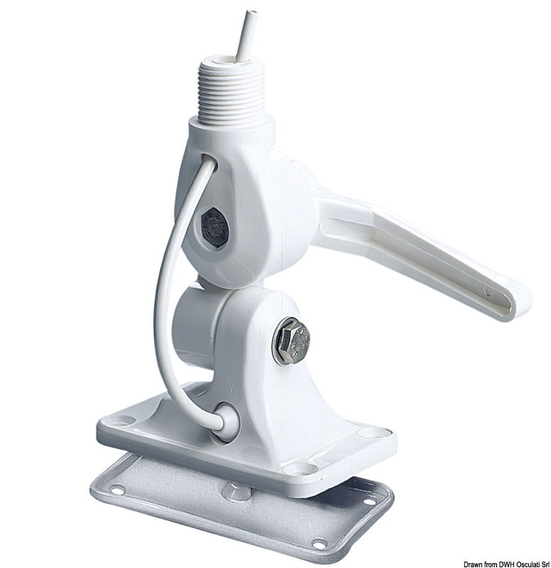 Base a doppio snodo in nylon rinforzato resistente a raggi UV con bloccaggio a leva per pulpito o ponte. Foro per cavo coassiale e passacavo per GPS. Utilizzabile con antenne autoportanti non più lunghe di 2,40 mt. Filettatura standard 1”x14.
