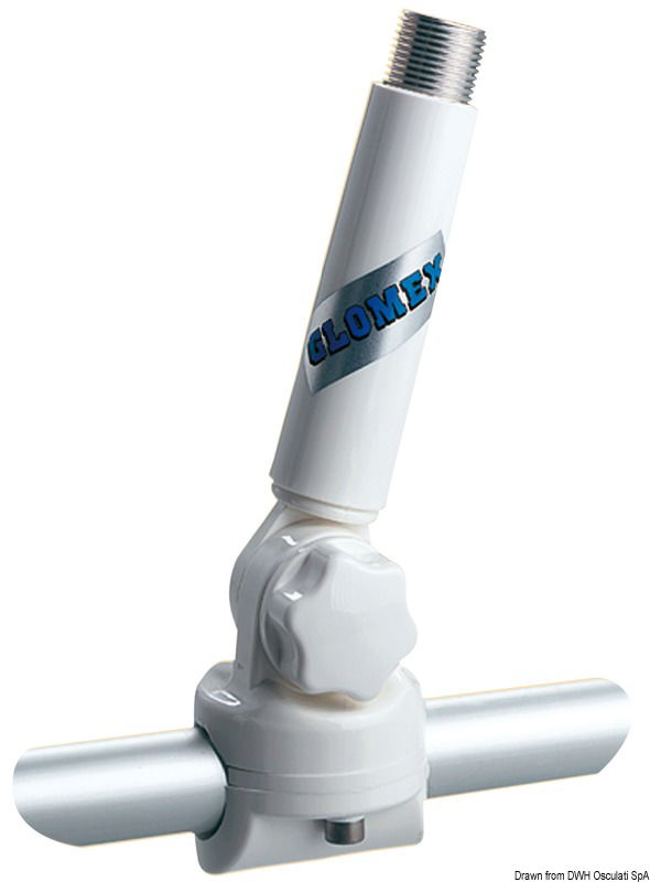 In nylon, con bloccaggio a pomello, per montaggio su tubi corrimano Ø 22/25 mm. universale per antenne VHF/ GPS, con già montata prolunga da 100 mm, per alzare l’antenna.