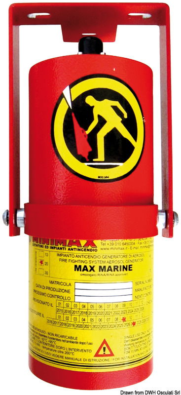 Max Marine è un sistema antincendio ad aerosol, certificato RINA, ogni generatore contiene l'agente estinguente solido che dopo l'attivazione si trasforma rapidamente in un aerosol con particelle di alcuni micron, le quali disperdendosi velocemente nell'ambiente presentano un comportamento simile a quello dei gas.L'aerosol generato estingue l'incendio inibendo la reazione chimica di combustione senza diminuire il contenuto di ossigeno nell'ambiente protetto, senza generare prodotti tossici o corrosivi e senza alcun danno allo strato di ozono atmosferico. È ecologico e rispetta l'ambiente.Il sistema ha un dispositivo di innesco a strappo o elettrico azionato a distanza e un dispositivo di intervento automatico (termocorda).Presenta innumerevoli vantaggi per le ridotte dimensioni, un peso molto contenuto, facilità di installazione per l'assenza di tubazioni di distribuzione, di ugelli di erogazione e di contenitori sotto pressione.L'attivazione e le logiche di intervento del Max Marine sono supervisionate da un pannello di controllo che dispone di contatti liberi per l'arresto utenze.Alimentazione centralina 24 V.