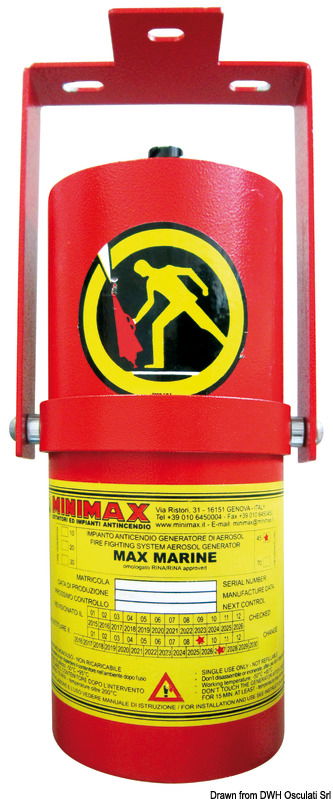 Max Marine è un sistema antincendio ad aerosol, certificato RINA, ogni generatore contiene l'agente estinguente solido che dopo l'attivazione si trasforma rapidamente in un aerosol con particelle di alcuni micron, le quali disperdendosi velocemente nell'ambiente presentano un comportamento simile a quello dei gas.L'aerosol generato estingue l'incendio inibendo la reazione chimica di combustione senza diminuire il contenuto di ossigeno nell'ambiente protetto, senza generare prodotti tossici o corrosivi e senza alcun danno allo strato di ozono atmosferico. È ecologico e rispetta l'ambiente.Il sistema ha un dispositivo di innesco a strappo o elettrico azionato a distanza e un dispositivo di intervento automatico (termocorda).Presenta innumerevoli vantaggi per le ridotte dimensioni, un peso molto contenuto, facilità di installazione per l'assenza di tubazioni di distribuzione, di ugelli di erogazione e di contenitori sotto pressione.L'attivazione e le logiche di intervento del Max Marine sono supervisionate da un pannello di controllo che dispone di contatti liberi per l'arresto utenze.Alimentazione centralina 24 V.
