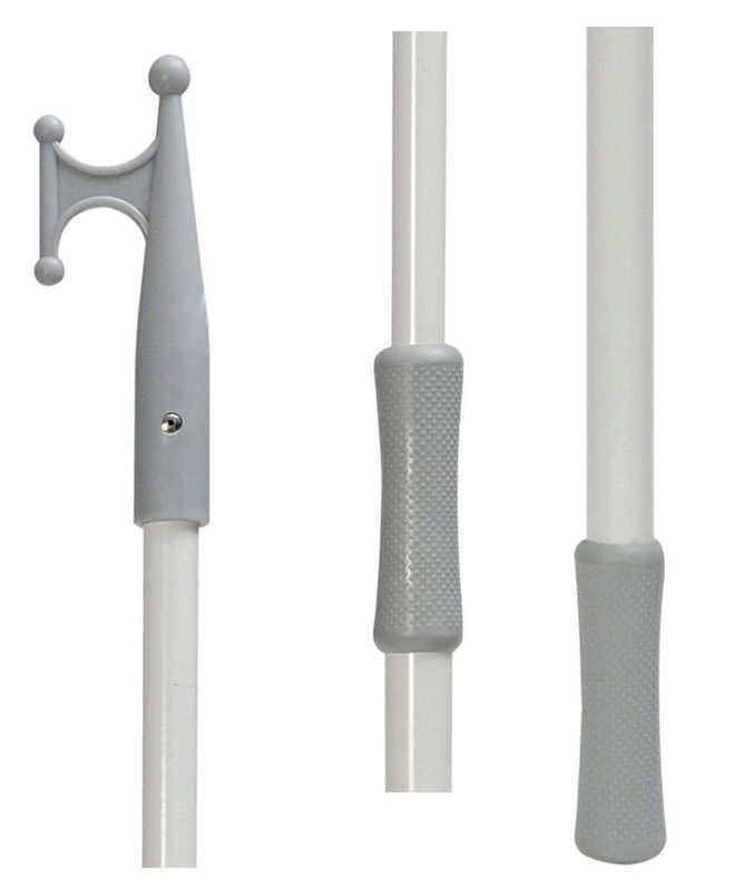 Gancio in nylon grigio, manico in alluminio verniciato con resine epossidiche e doppia impugnatura.