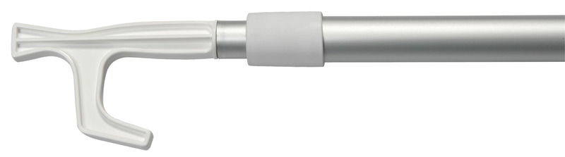 Gancio in nylon bianco, manico in alluminio anodizzato e manopola terminale in gomma bianca lucida. E’ leggero e galleggiante, si può regolare in tutte le posizioni volute, per mezzo di speciali camme.