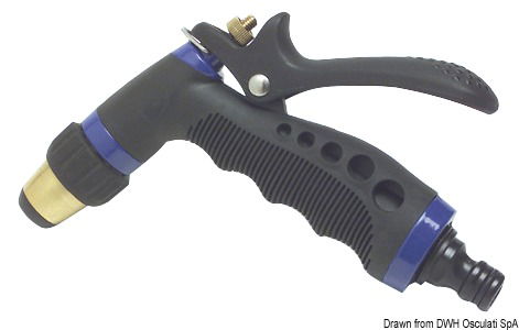 Modello professionale in metallo rivestito in gomma antiurto. Getto regolabile con blocco/sblocco leva evaporazione. Completa di raccordo a scatto 36.189.01.