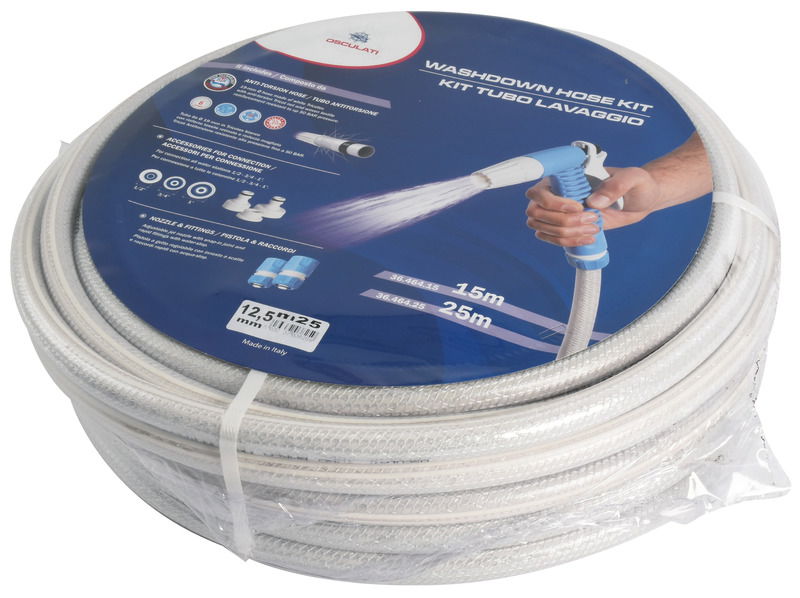 Composto da tubo da Ø 19 mm in Tricotex bianco con rinforzo tessile retinato e rinforzo magliato Tricot Antitorsione, resistente alla pressione fino a 15 BAR + pistola a getto regolabile con innesto a scatto e raccordi rapidi acqua-stop + 3 accessori per connessione a tutte le colonnine.