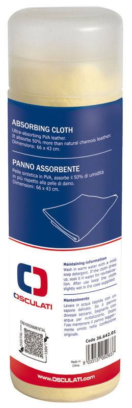 Pelle sintetica ultra-assorbente in PVA. Assorbe il 50% in più della pelle di daino normale, asciugando perfettamente, senza lasciare aloni.