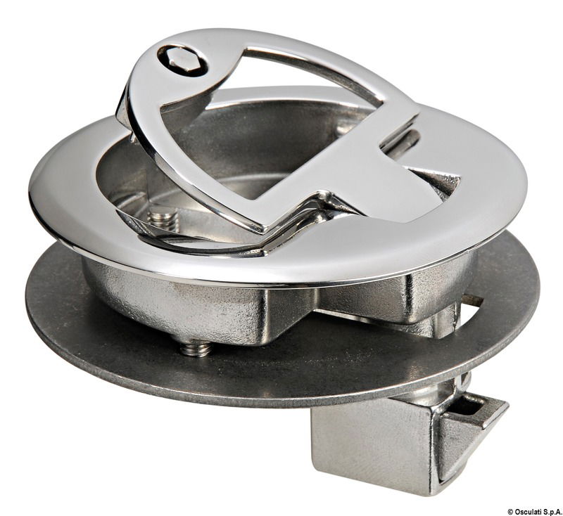Chiusura a scatto con maniglia rientrante a molla. Tutto acciaio inox AISI 316 lucidato a specchio.
