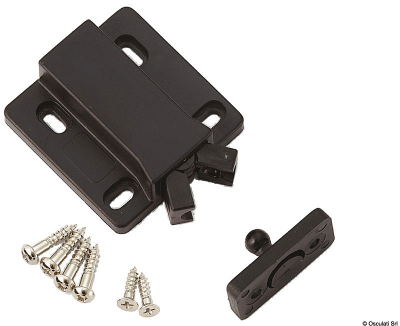 Corpo in ABS. Per antine senza pomoli o maniglie.Non magnetico.Corsa di rilascio dello scrocco di circa 1,5 mm.