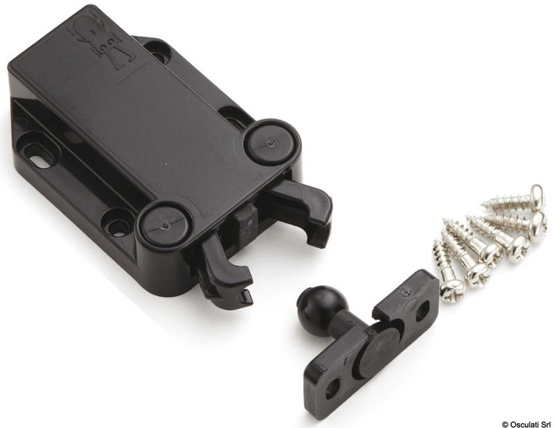 Corpo in ABS. Per antine senza pomoli o maniglie.Scontro flottante per facilità di allineamento.Non magnetico.Corsa di rilascio dello scrocco di circa 3 mm.