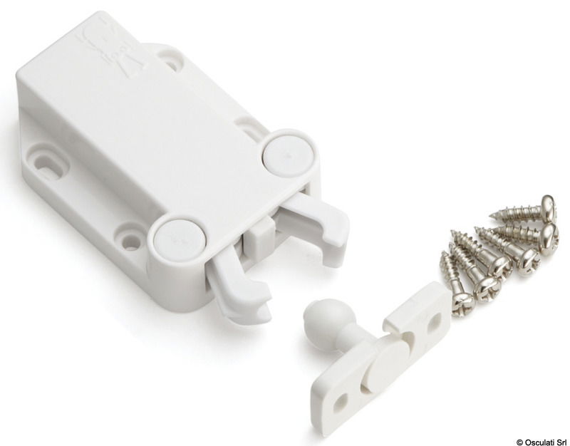 Corpo in ABS. Per antine senza pomoli o maniglie.Scontro flottante per facilità di allineamento.Non magnetico.Corsa di rilascio dello scrocco di circa 3 mm.