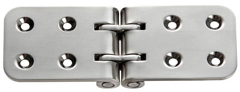 In acciaio Inox AISI 316L lucidata a specchio. Applicabile sul bordo tavolo (spessore min. 19mm).Progettata e realizzata per aver il minor gioco possibile ed ottenere una ribaltina stabile ferma.