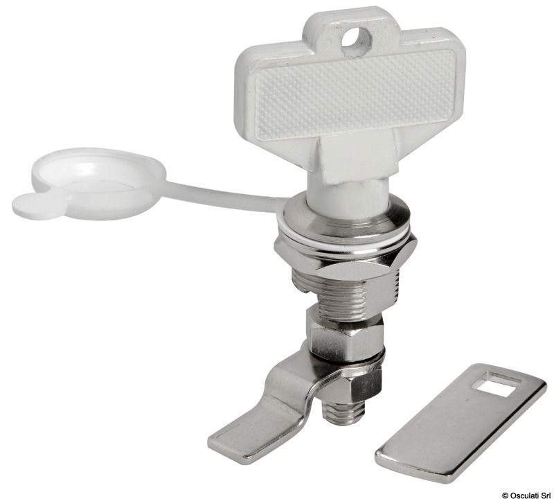 In ottone cromato, completa di cappuccio stagno di protezione. Rotazione a 90° con molla interna anti-vibrante. Completa di chiave. Doppia levetta in dotazione.