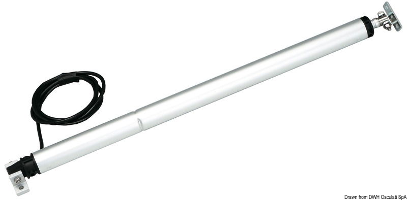 Montaggio singolo. Corpo Ø 34 mm, spinta massima 65 kg. Assorbimento 2 A a 12 V, velocità 4 mm/sec a 12 V, 6 mm/sec a 24 V. Con corpo in alluminio e stelo telescopico inox, impermeabile IP65. Apertura totale o parziale del portellone in tutte le posizioni volute.Non si possono montare in coppia.