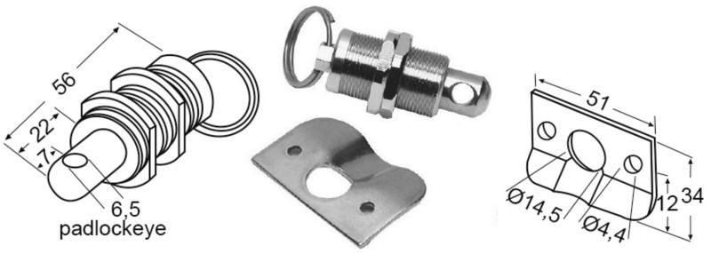 In acciaio inox con pulsante a molla e con foro portalucchetto.