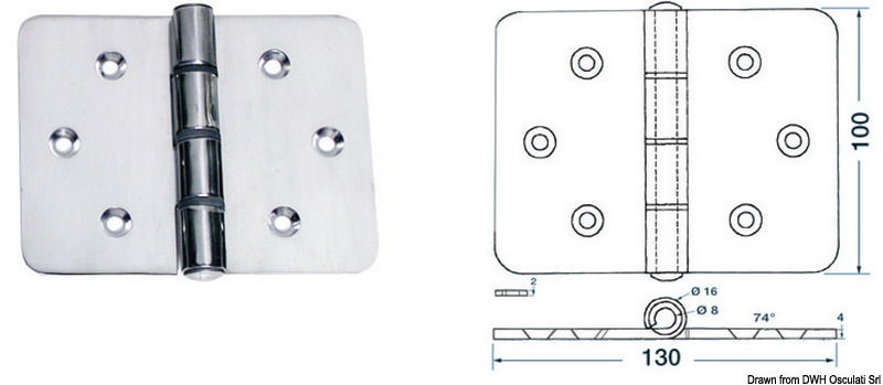 Maxi cerniere in acciaio inox AISI 316 lucidato a specchio, asse 8 mm.