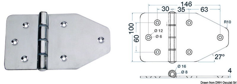 Maxi cerniere in acciaio inox AISI 316 lucidato a specchio, asse 8 mm.