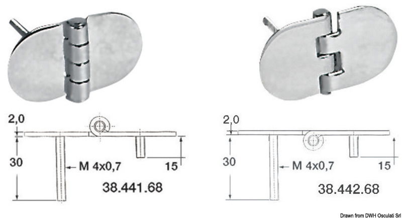 In acciaio inox lucidate a specchio, con fissaggio invisibile tramite prigionieri saldati da 4 mm e con smorzamento delle vibrazioni tramite asse centrale frenato.