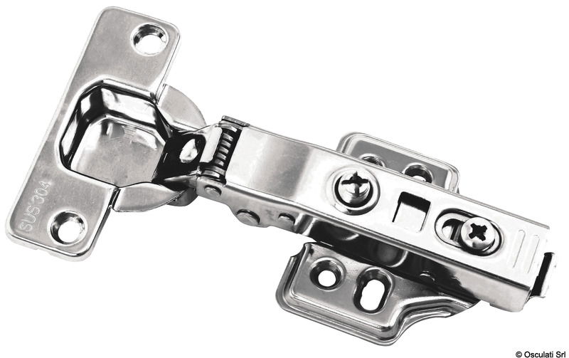 In acciaio inox. Apertura a 105°. Oltre 45° lo sportello resta aperto in qualsiasi posizione si desideri. La chiusura è frenata Soft Close. Complete di dispositivo click-on per sgancio rapido dello sportello.