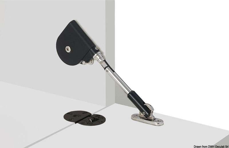 Versione con chiusura. Per sportelli con apertura verso il basso.Apertura soft dello sportello: può essere montato a sinistra o destra.Con sportello chiuso dispone di un sistema di blocco dello stesso.Calcolo momento torcente. Un braccetto: lunghezza antina (cm) x 1/2 x peso antina (kg).